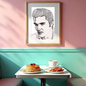 Elvis Presley Pencil Drawing – Minimalist A3 Music Portrait Print, Fine Art Wall Art