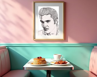 Elvis Presley Portrait Print, Minimalist A3 Fine Art Music Poster, Rock and Roll Wall Art, Music Icon Illustration