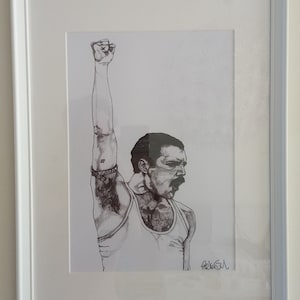 Freddie Mercury Art Print – Minimalist Pencil Portrait, A4 Signed Fine Art Music Wall Decor, Framed Print