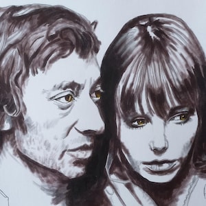 Serge Gainsbourg & Jane Birkin Original A4 Pencil Portrait – Hand-Drawn Iconic French Music Duo Fine Art Wall Decor