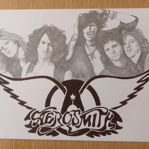 Aerosmith Original A4 Portrait – Hand-Drawn Rock Band Art in Pencil & Ink | Steven Tyler Classic Rock Illustration | Music Fan Gift
