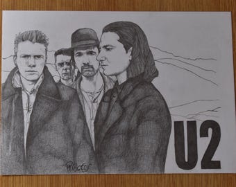 Portret U2-band: originele tekening met potlood en inkt - Bono fanart