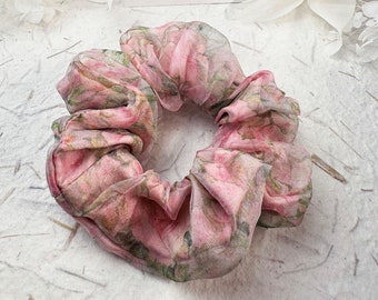 100% Mulberry Silk Scrunchie | Gentle Hair Tie | Pure Silk Accessory | For Her | Delicate Watercolor Roses | Whimsical Garden Scrunchie