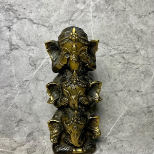 Balinese Bronze Three Ganesha Miniature: Hindu Art Decor