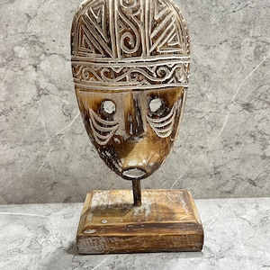 Hand-Carved Timor Mask Sculpture with Stand: Tribal Art Décor