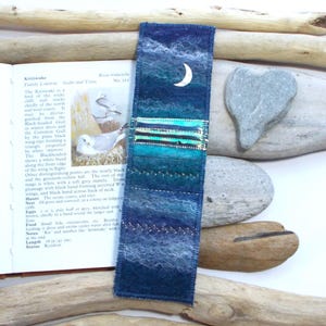 Crescent Moon Bookmark, Felt Fabric Seascape with Shimmering Horizon and Stormy Night Sky.  Keepsake Book Marker. Handmade in Scotland