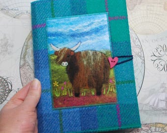 A5 Highland Cow Harris Tweed Reusable Notebook Cover, Handmade, Plain or Lined Nptebook Included