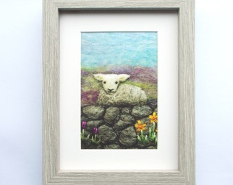 Little Sheep Lamb Framed Textile Open Edition Print, Scottish Artwork Printed on Velvet, 4 x 6 inch image in a 7 x 9 inch Frame.