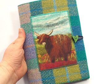 Highland Cow Harris Tweed Reusable Notebook Cover, Handmade with Artwork Printed on Velvet, A5 with Plain or Lined Nptebook Included