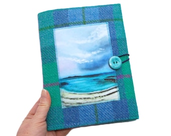 A5 Scottish Seascape Reusable Notebook Cover. Harris Tweed. Plain or Lined Notebook Included.