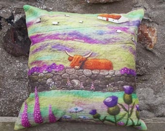 Highland Cow Cushion with Scottish Thistles, Printed Faux Suede Throw Pillow