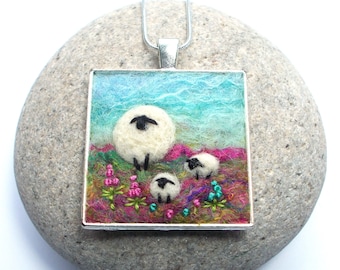 Sheep and Lambs Necklace, Needle Felted Sky Blue and Green Square Pendant. Felt Art Jewellery. Handmade in Scotland.