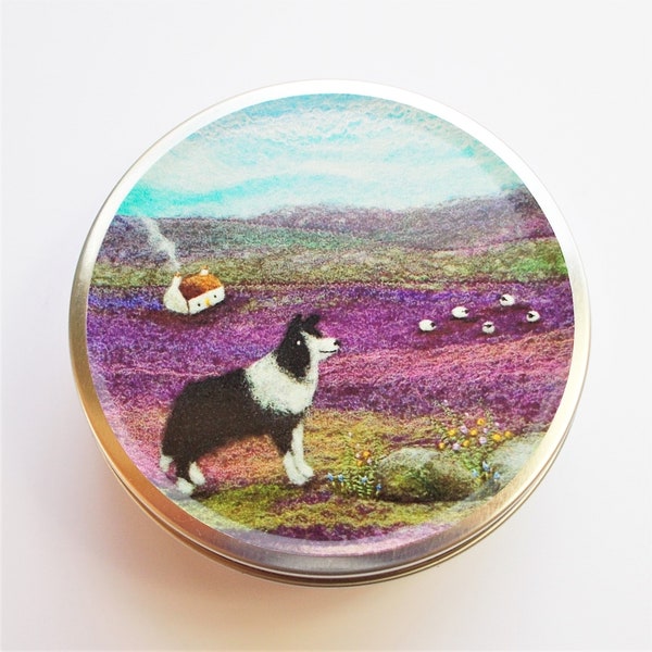 Border Collie Tin, Small Notions Tin with Sheep Dog and Cottage Vinyl Print Lid. Storage Box for Stitch Markers, Sweets, Buttons and Beads