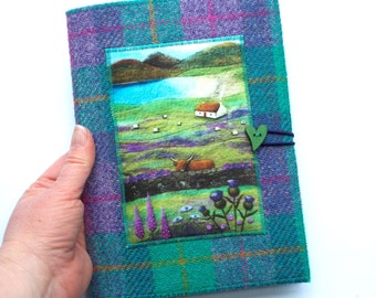 Highland Cow Harris Tweed Reusable Notebook Journal Jacket, Handmade with Artwork Printed on Velvet, A5 Plain or Lined Notebook Included