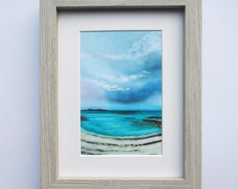 Scottish Seascape Framed Beach scene, Open Edition Print, Artwork Printed on Velvet, 4 x 6 inch in a 7 x 9 inch Frame.