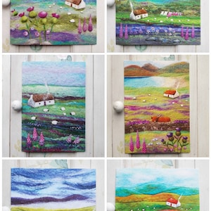 Jeu de six cartes représentant des scènes écossaises, dont des cottages, un chien de berger colley, des Bothies, des paysages marins et des chardons. Carré, vierge