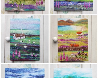 Set of Six Cards Featuring Scottish Scenes including Cottages, Sheep Dog Collie, Bothies, Seascapes and Thistles. Square, Blank