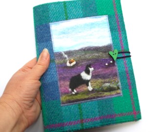 Reusable Notebook Cover, Handmade Harris Tweed Gift With Sheep Dog Cottage Scene Printed on Velvet, A5 Plain or Lined Notebook Included