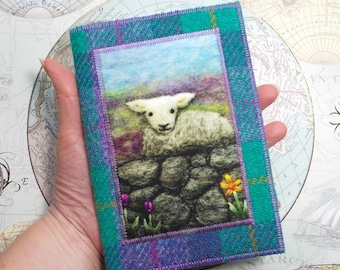 Harris Tweed Passport Cover or Reusable Notebook Sleeve with Sheep Design, Handmade Gift, Lilac, A6 size with Plain Paper Notebook Included