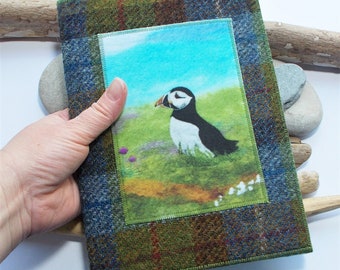 Puffin Notebook Journal, Removable Harris Tweed Cover Handmade with Artwork Printed on Velvet, A5 with Lined or Plain Paper Pages Included