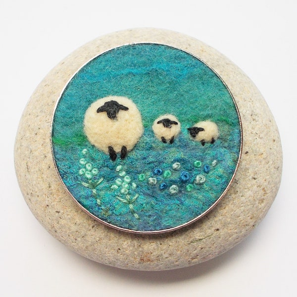 Sheep and Lambs Brooch, Needle Felted Wool in Teal Blue Shades with Embroidered Flowers - Handmade in Scotland - 5 cm