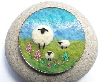 Sheep and Lambs Brooch, Needle Felted Wool in Sky Blue and Green Shades with Embroidered Flowers. Handmade in Scotland. 5 cm Round