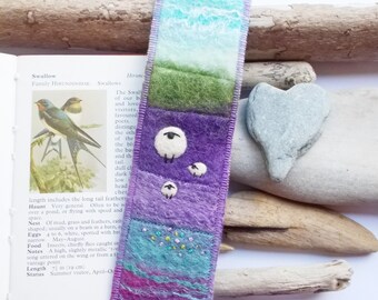 Felted Sheep Bookmark with Purple Landscape Hills. Keepsake Book Marker. Handmade in Scotland