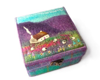 Harris Tweed Keepsake Box with Cottage and Sheep. Handmade in Scotland. Needle Felted Wool and Embroidered Lid and Latch Hook Clasp