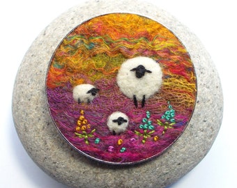 Miniature Sheep Brooch Pin, Needle Felted Wool Art in Rustic Rainbow Shades. Handmade in Scotland, 5 cm/2 inch wide