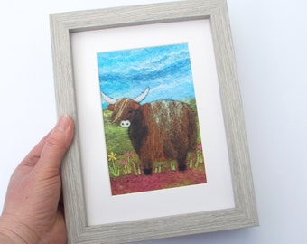 Highland Cow Framed Print, Scottish Artwork Printed on Velvet, 6 x 4 inch Image in a 7 x 9 inch Frame.