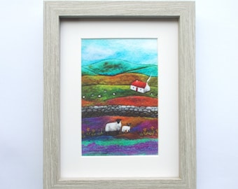 Red Roofed Cottage and Sheep Framed Textile Open Edition Print, Scottish Artwork Printed on Velvet, 4 x 6 inch in 7 x 9 inch Frame.
