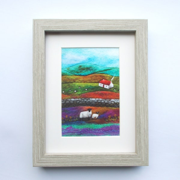 Red Roofed Cottage and Sheep Framed Textile Open Edition Print, Scottish Artwork Printed on Velvet, 4 x 6 inch in 7 x 9 inch Frame.