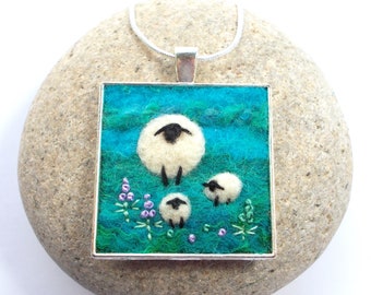 Sheep and Lambs Necklace, Needle Felted Teal Blue Square Pendant. Felt Art Jewellery. Handmade in Scotland.