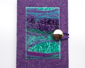 Carnet de notes à couverture violette, porte-journal réutilisable Harris Tweed/porte-passeport, cadeau en feutre fait main, carnet de notes A6 en papier ordinaire ou ligné inclus