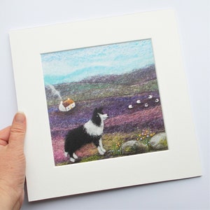 Border Collie Sheep Dog Print with Cottage and Sheep, 10 x 10 inch Square Picture. Mount Included.
