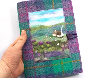 Reusable Notebook Cover, Handmade Harris Tweed Gift With Sheep and Thistle Artwork Printed on Velvet, A5 Plain or Lined Notebook Included