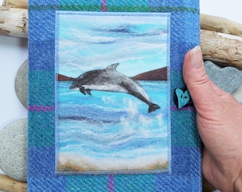 Dolphin Reusable Notebook Cover. Harris Tweed and Artwork Printed on Velvet. A5 Plain or Lined Notebook Included.