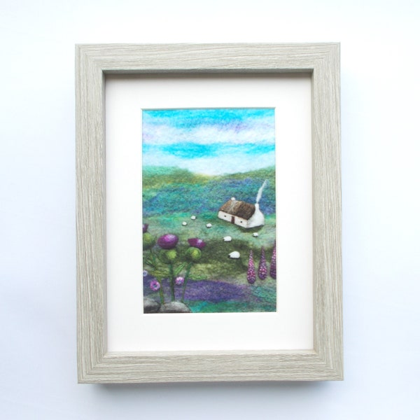 Scottish Thistle Bothy Cottage and Sheep Framed Textile Open Edition Print, Artwork Printed on Velvet, 4 x 6 inch in a 7 x 9 inch Frame.