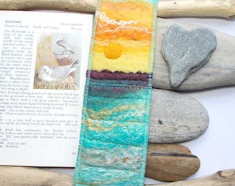 Felt Bookmark, Sunset Seascape with Sparkling Waves and Golden Sun. Keepsake Book Marker.  Handmade in Scotland