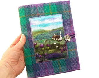 Handmade Harris Tweed Notebook Cover, Sheep & Thistle Art, A5 Included