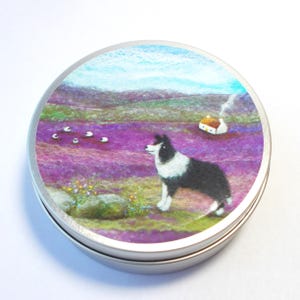 Border Collie Tin: Sheep Dog & Cottage Vinyl Print, Small Storage Box