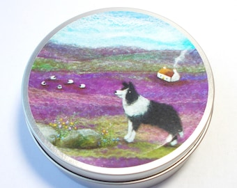 Border Collie Tin: Sheep Dog & Cottage Vinyl Print, Small Storage Box