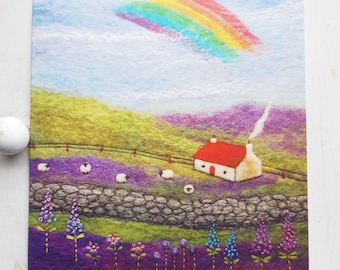 Rainbow Cottage Printed Greetings Card, Square with Envelope, Purple and Green with Sheep and Flowers