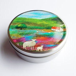 Cottage and Sheep Tin, Small Round Storage Box with Colourful Scottish Scene Vinyl Print Lid