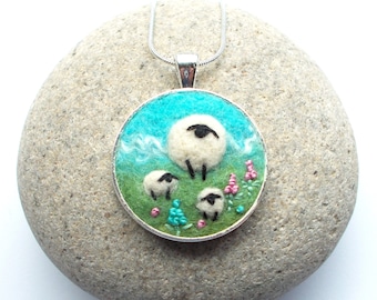 Sheep and Lambs Necklace, Needle Felted Round Pendant. Felt Art Jewellery. Handmade in Scotland.