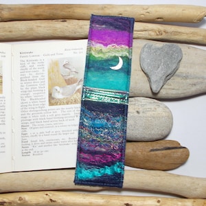 Aurora Sky Felt Seascape Bookmark with Crescent Moon. Keepsake Book Marker. Handmade in Scotland