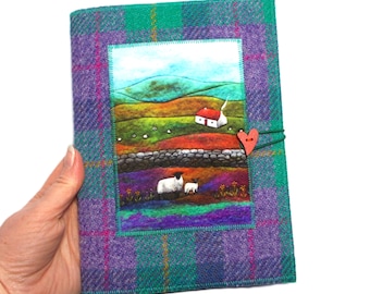 A5 Reusable Harris Tweed Notebook Cover, Handmade. Plain/Lined Notebook Included