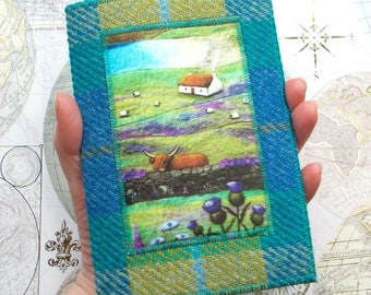 Highland Cow Passport Cover or Harris Tweed Reusable Notebook Sleeve, Handmade, A6 size with Plain Paper Notebook Included