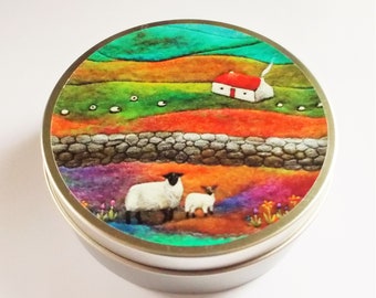 Sheep and Lamb Tin, Small Round Storage Box with Scottish Cottage Scene Vinyl Print Lid