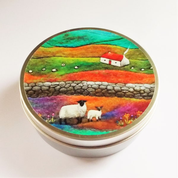 Sheep and Lamb Tin, Small Round Storage Box with Scottish Cottage Scene Vinyl Print Lid